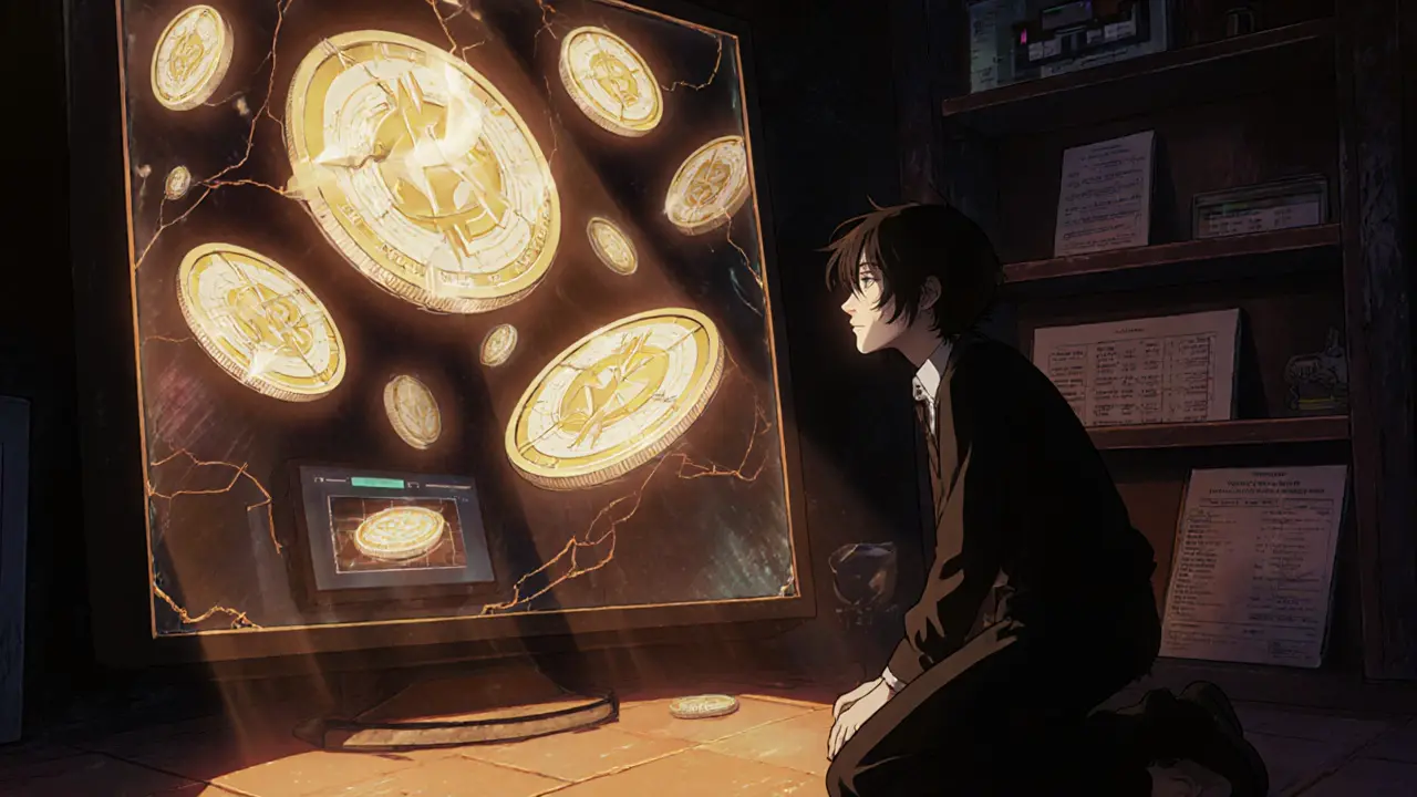 A collector gazing reverently at holographic WMC tokens in a room filled with vintage crypto artifacts.