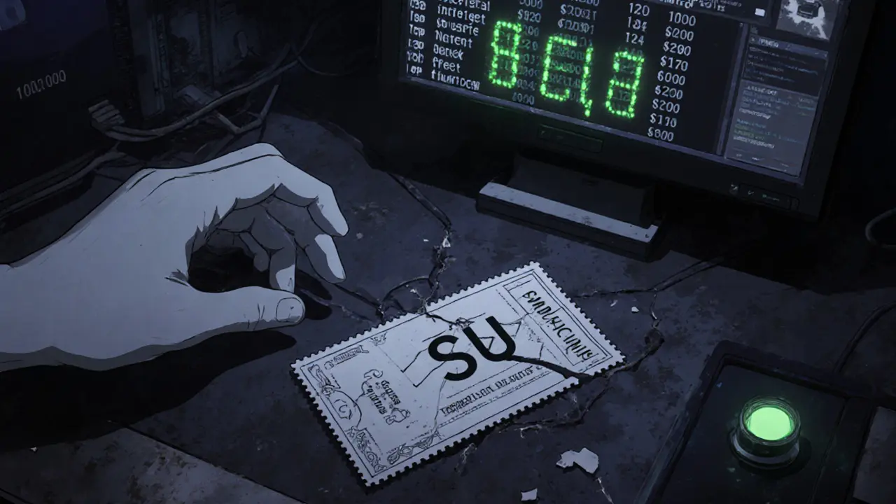 A cracked SSU lottery ticket lies on a silent console surrounded by dead crypto interfaces.