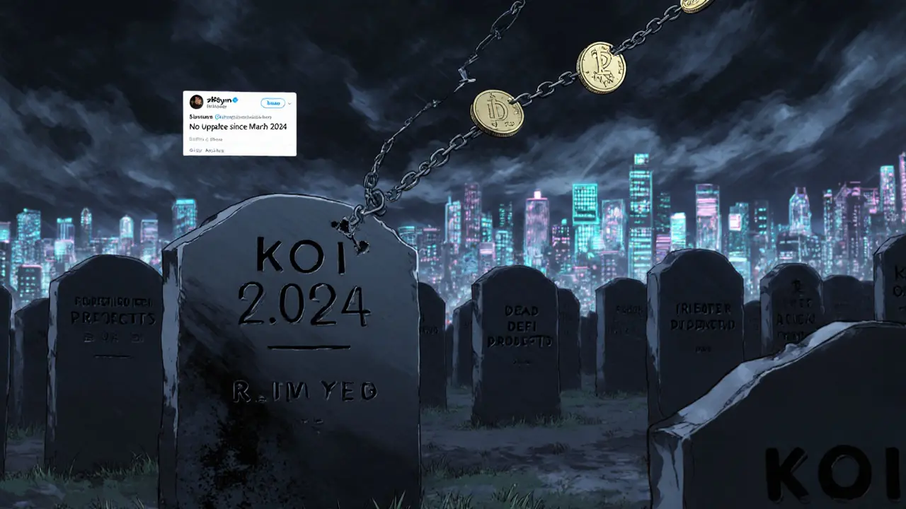 A digital graveyard with a KOI tombstone under a stormy sky, while thriving DeFi projects glow in the distance.