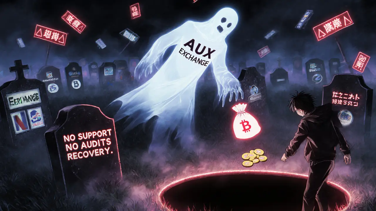 A ghostly exchange figure drifts over a graveyard of real crypto platforms as coins vanish into darkness.