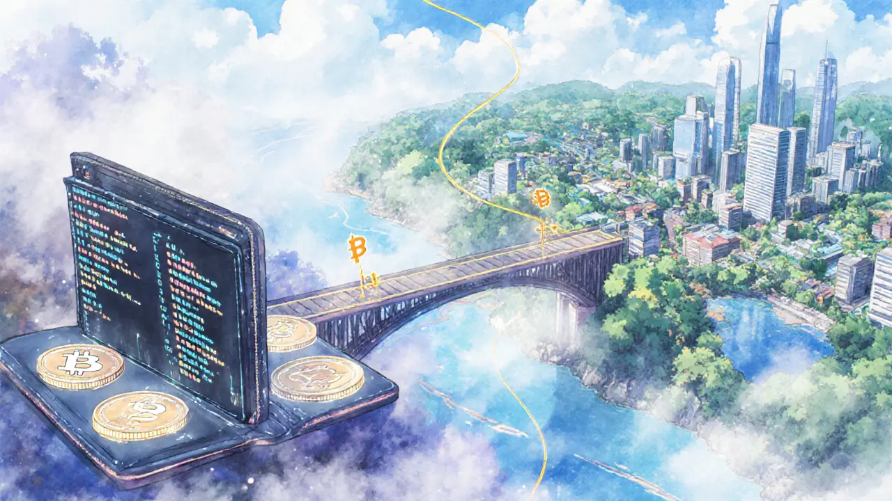 A glowing bridge of blockchain code connecting early Ethereum to modern DeFi, with WMC as the connecting thread.