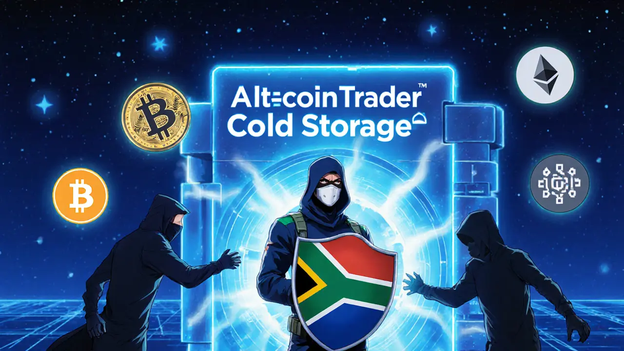 A glowing digital vault protected by a guardian figure, with major cryptocurrencies floating safely under a starry night.