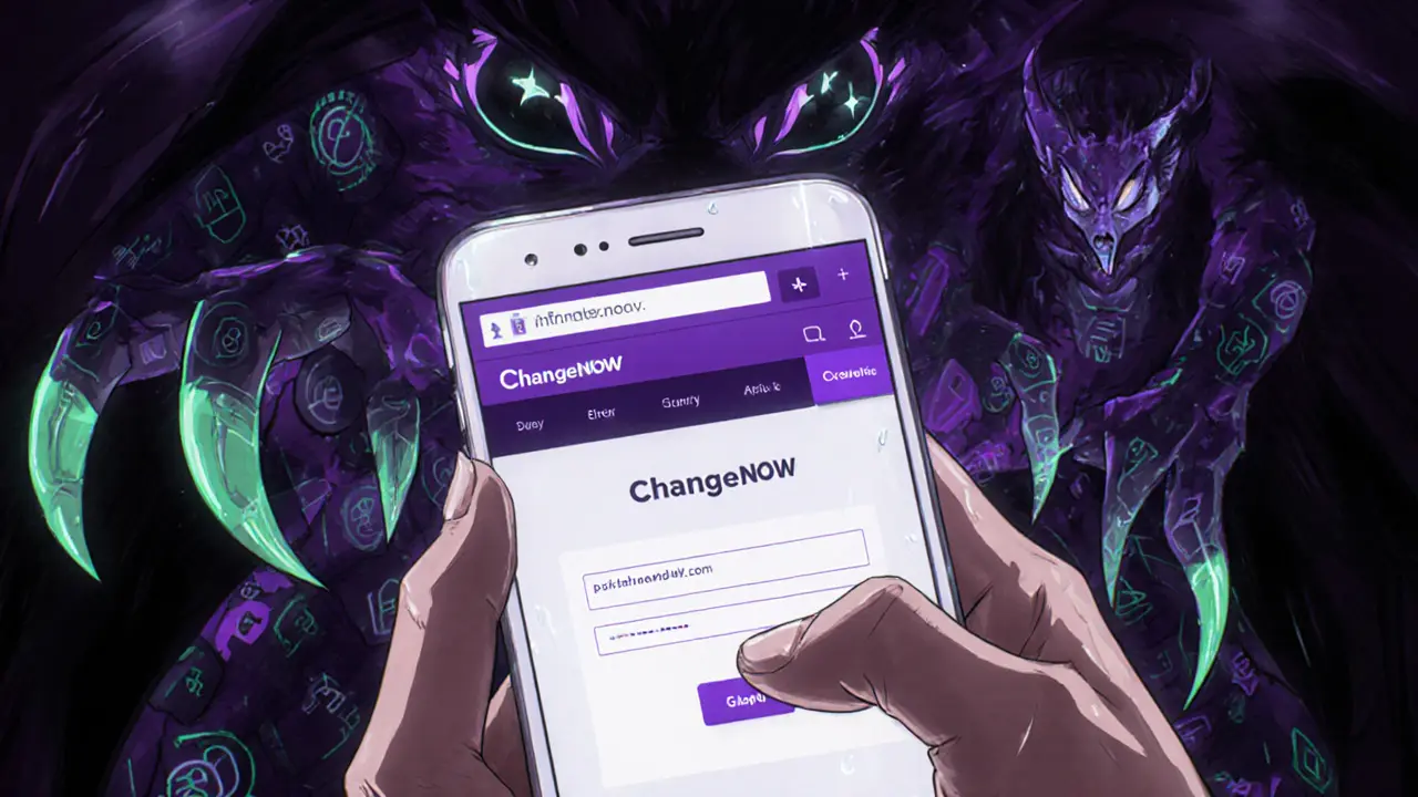 A hand about to confirm a crypto transfer on a fake ChangeNOW website, with digital demons emerging from the screen.