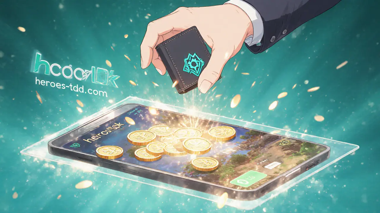 A hand connecting a wallet to a holographic HeroesTD game interface with CGC coins raining down.