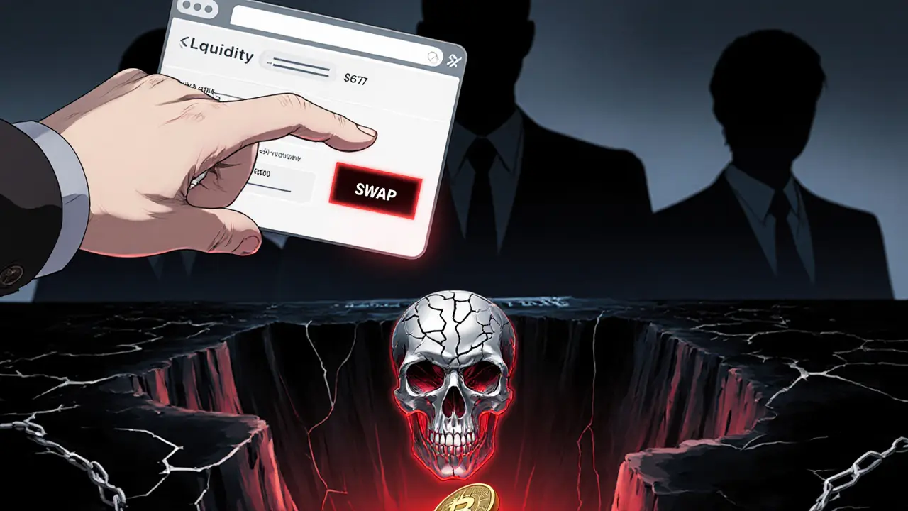 A hand hesitates over a swap button as a skull-shaped warning glows beneath broken smart contracts.