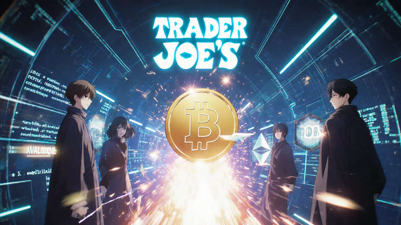 A JOE token speeds through interconnected blockchains with developers watching on holograms in anime style.