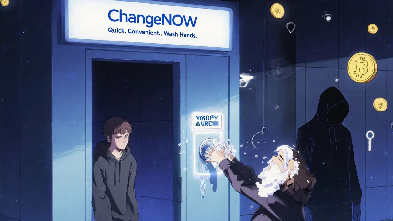 A person washing hands at a public restroom with a &#039;ChangeNOW&#039; sign, while a hacker slips stolen crypto keys into a dark portal.