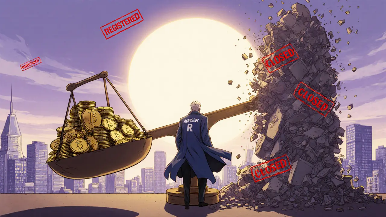 A scale of justice tips toward registered crypto as unregistered tokens crumble, with Gensler walking away at dawn.