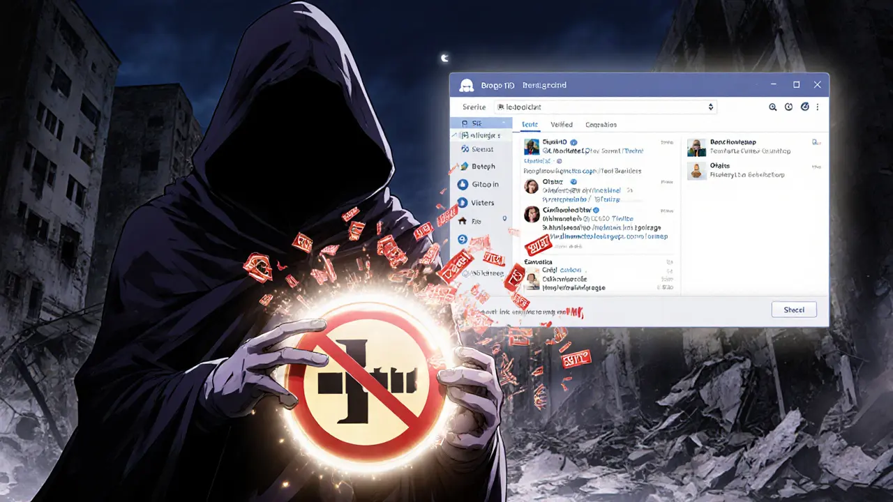 A scammer holding a fake Coinmarketcap logo against a backdrop of phishing links and an official HeroesTD portal.