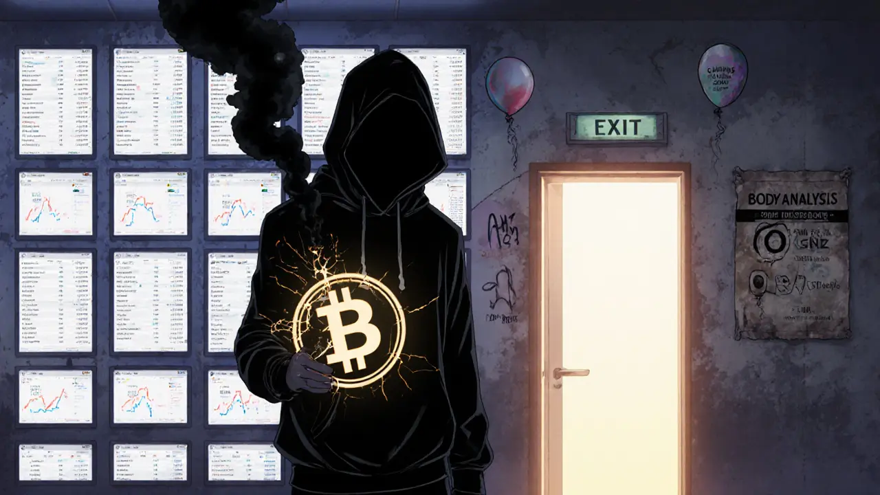 A shadowy figure holds a crumbling GNZ token as glowing screens show zero trading activity behind them.