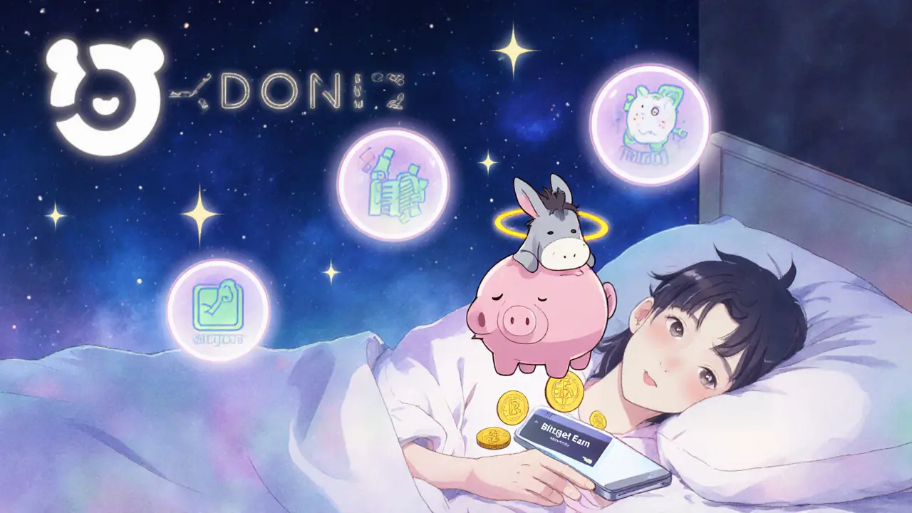 A sleeping person with a glowing donkey mascot dropping DONK tokens into a piggy bank above their phone.