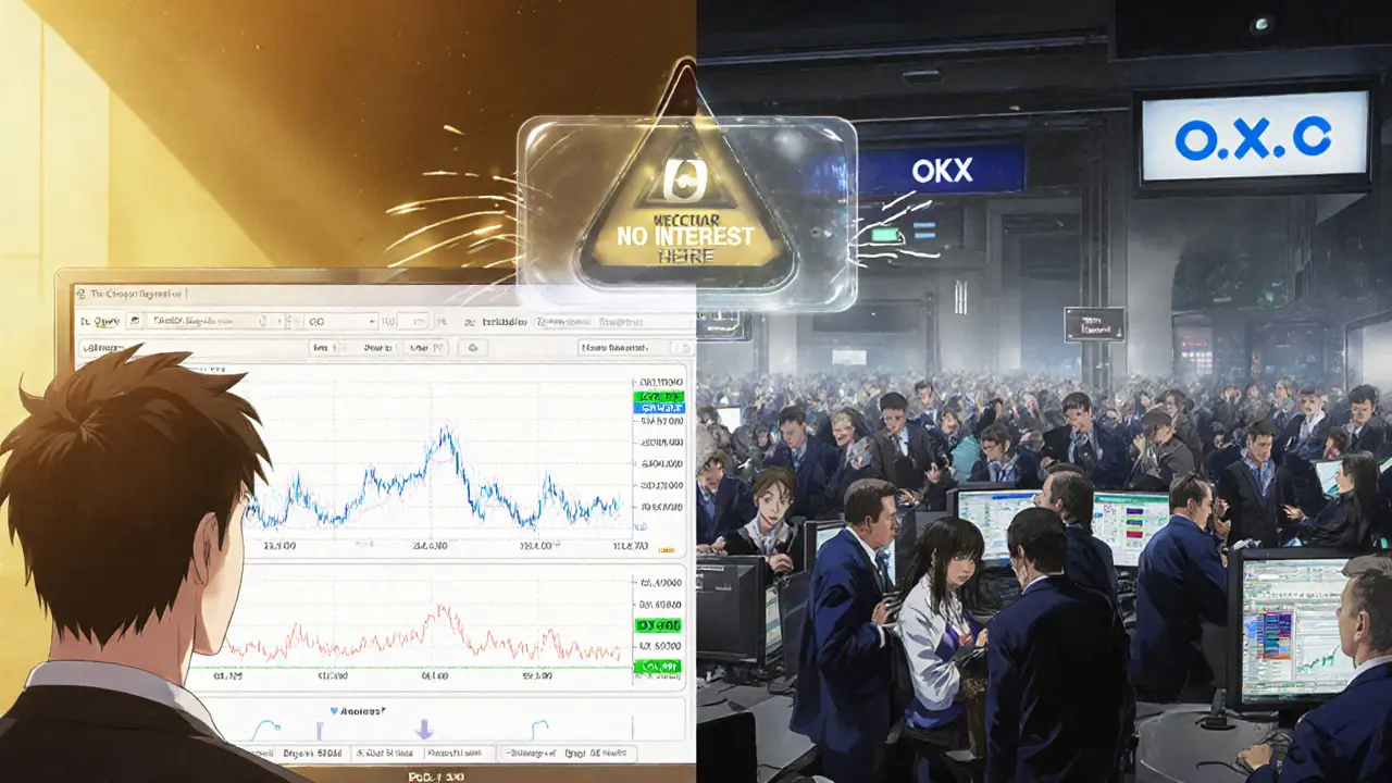 A trader facing a blank Ju.com interface while others use advanced platforms, symbolizing lack of tools and interest.