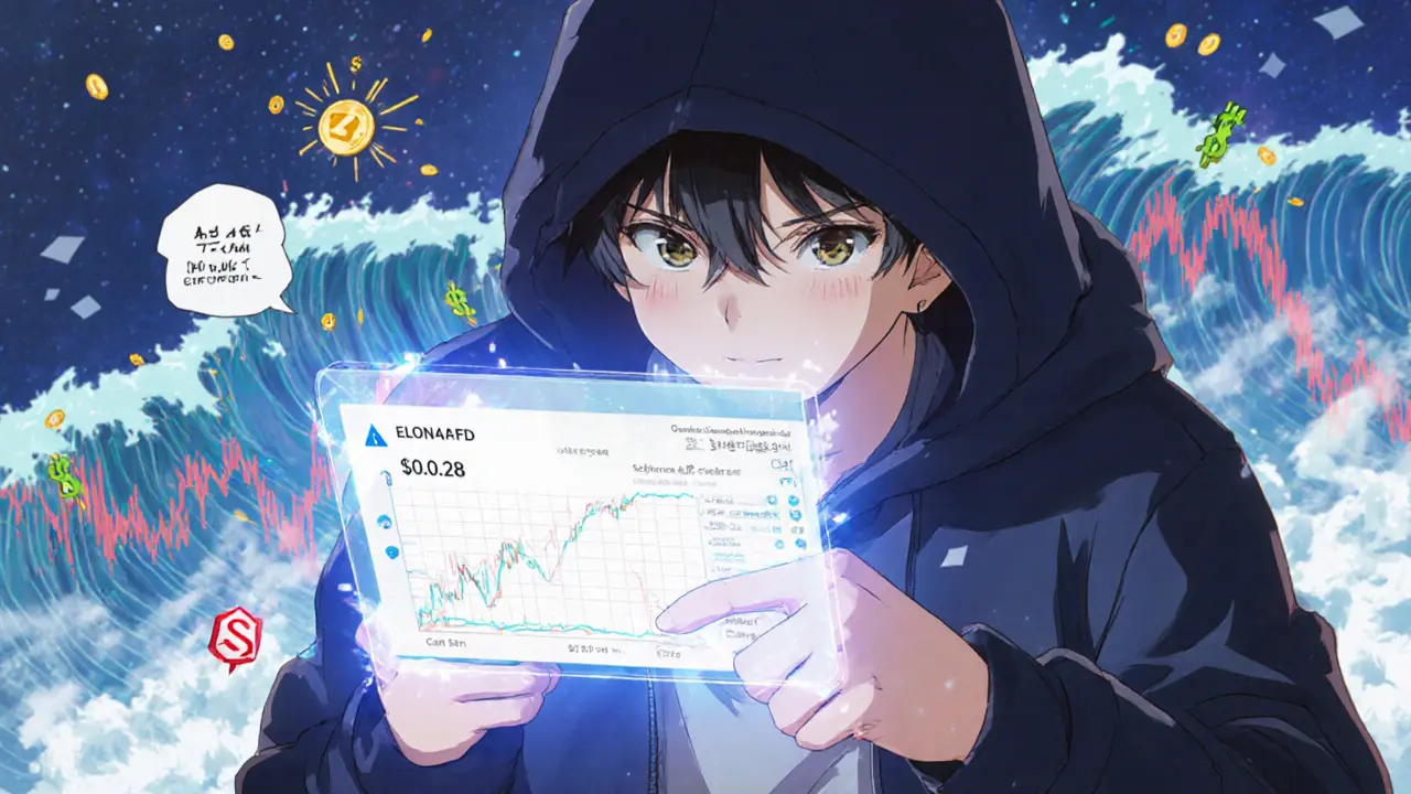 A trader staring at a holographic Solana wallet screen showing ELON4AFD price crashing, with exploding dollar signs behind them.