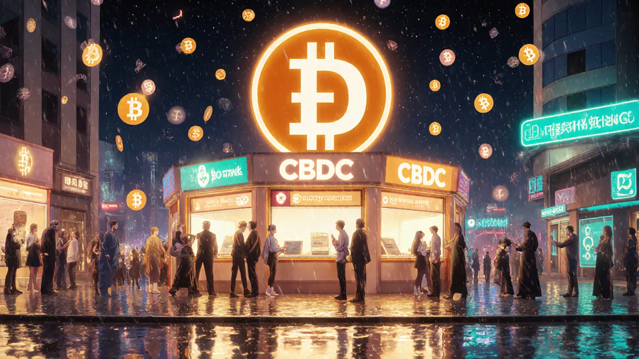 A vibrant crypto hub at night with people engaging in token services under a glowing Digital Dirham CBDC symbol.