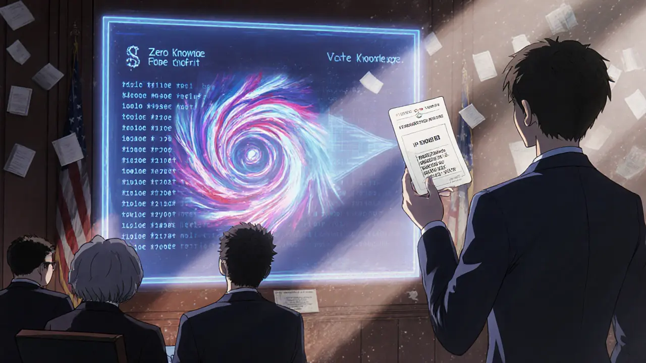 A voter presents a verification code in court while a holographic blockchain proves vote integrity.