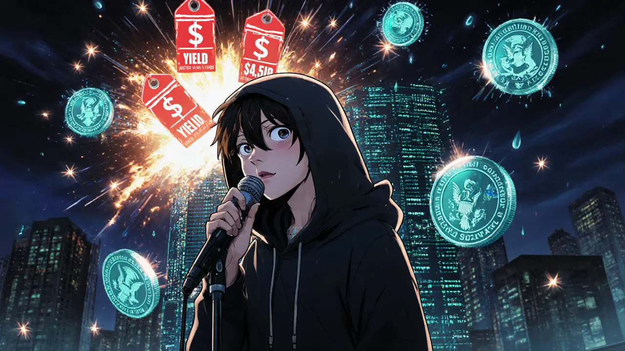 A whistleblower whispers as crypto tokens explode into .5B penalty tags under a holographic SEC logo.