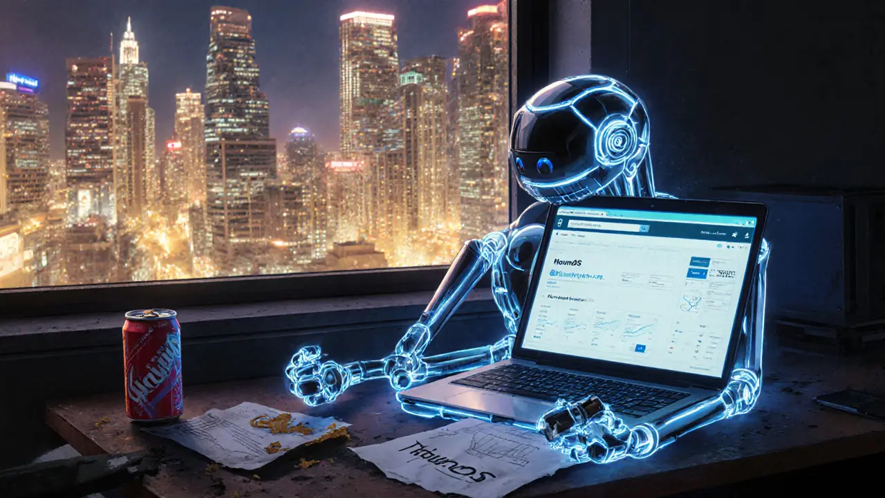 An abandoned AI bot prototype sits beside a website printout, while functional bots thrive in a vibrant city outside.