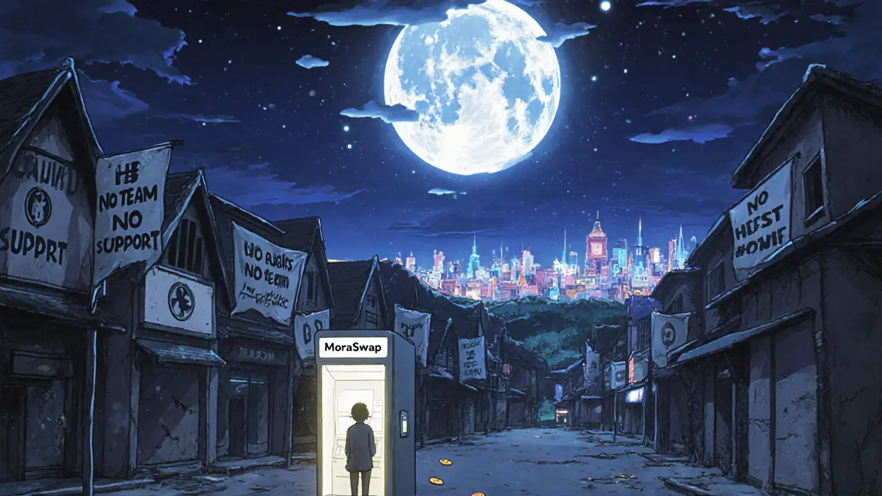 An abandoned marketplace with only one glowing MoraSwap ATM, surrounded by silence and broken signs.