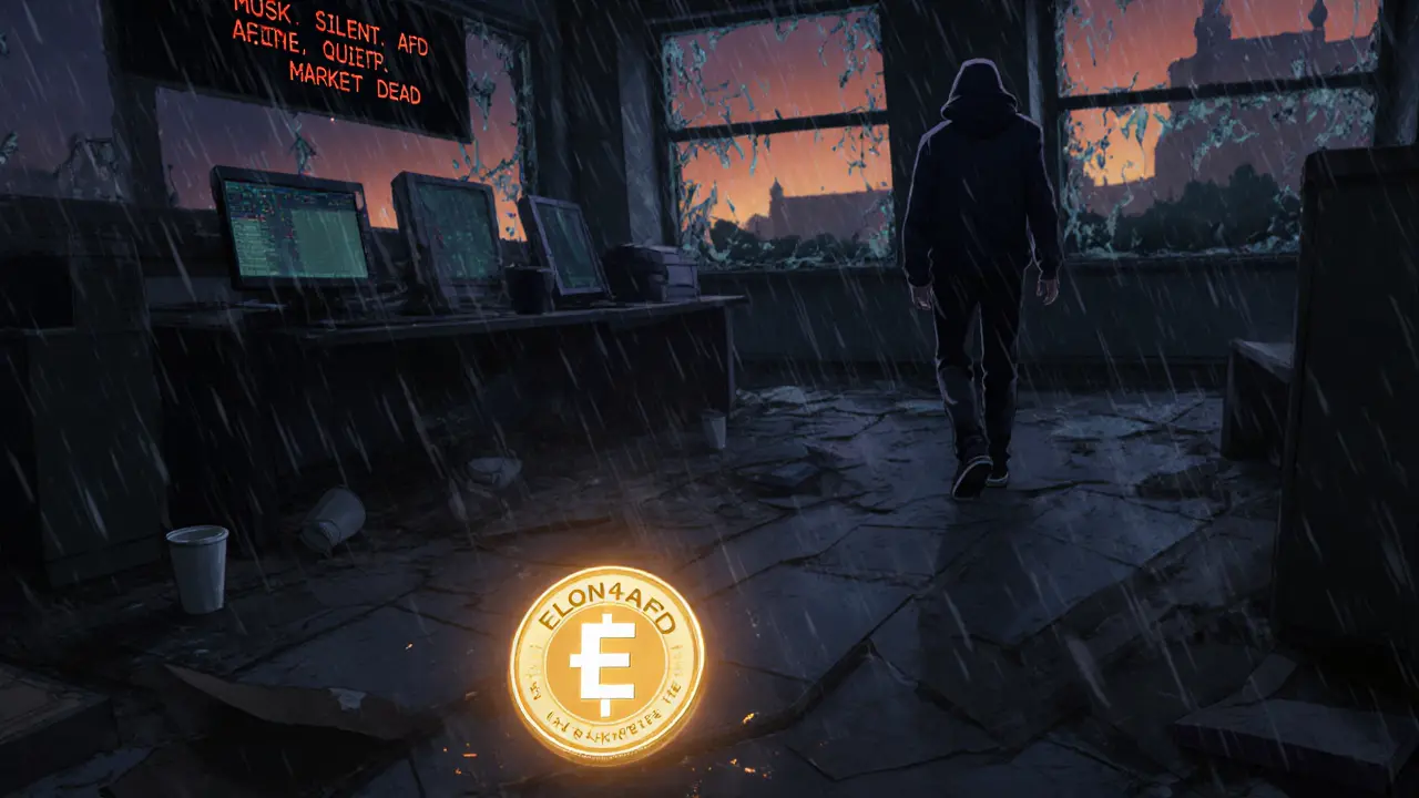An abandoned trading floor at dawn with a single flickering ELON4AFD token on the floor as rain falls through broken windows.