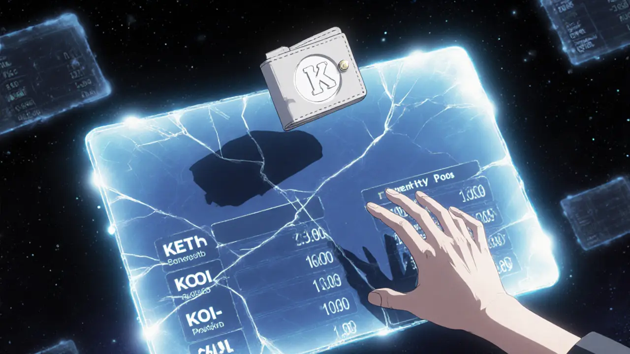 An empty liquidity pool interface flickers on a cracked screen as a hesitant hand reaches toward it.