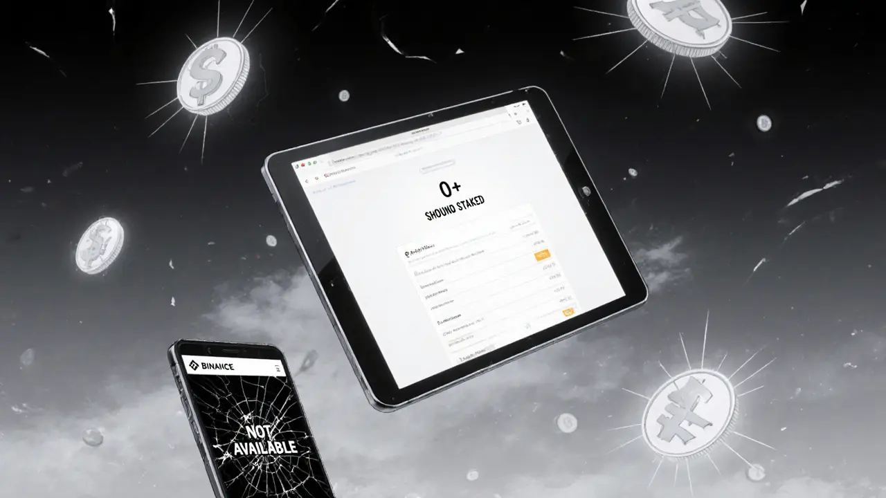An empty staking interface shows &#039;0+ $HOUND STAKED&#039; in a void, with a &#039;NOT AVAILABLE&#039; Binance page nearby.