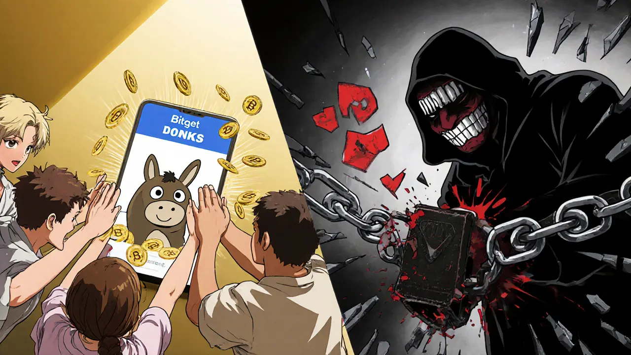 Characters celebrating free DONK tokens from Bitget while a scammer in shadow tries to steal a wallet.