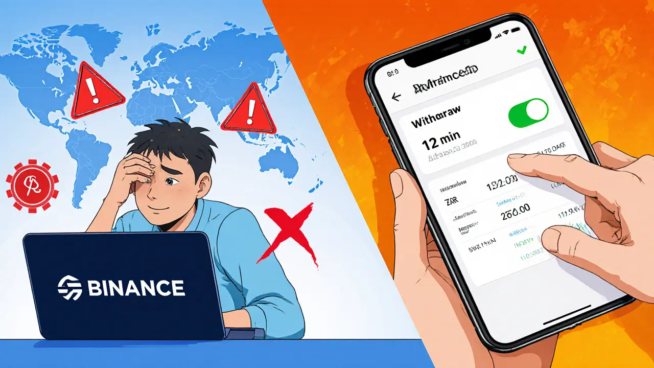 Contrasting scenes: a blocked international transfer vs. instant ZAR withdrawal on AltcoinTrader’s simple interface.