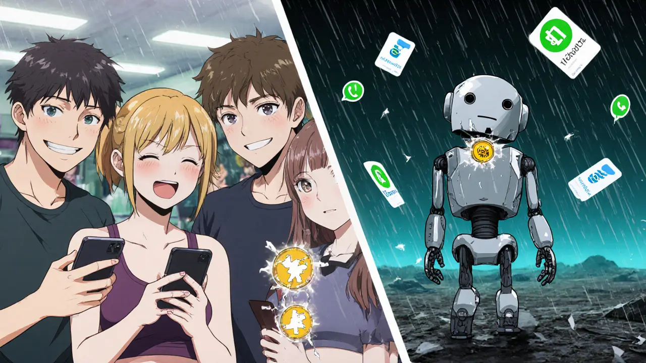 Contrasting vibrant healthy app users with a lonely GNZ robot in a silent digital wasteland.