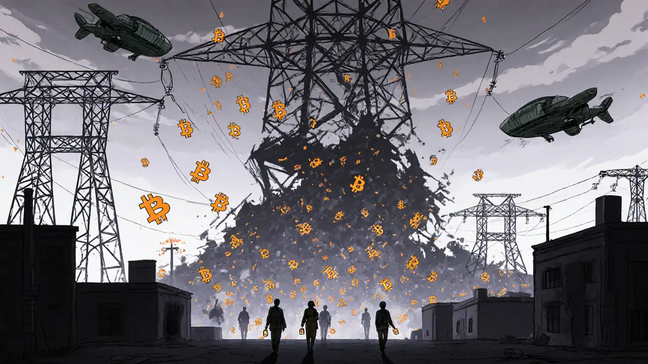 Crumbling power grid collapses under Bitcoin symbols as citizens walk in darkness under drone patrols.