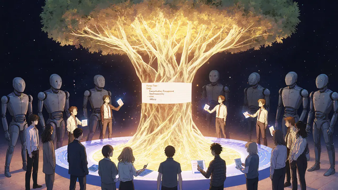 Diverse users engaging with a web3 identity platform as a token tree grows above them.