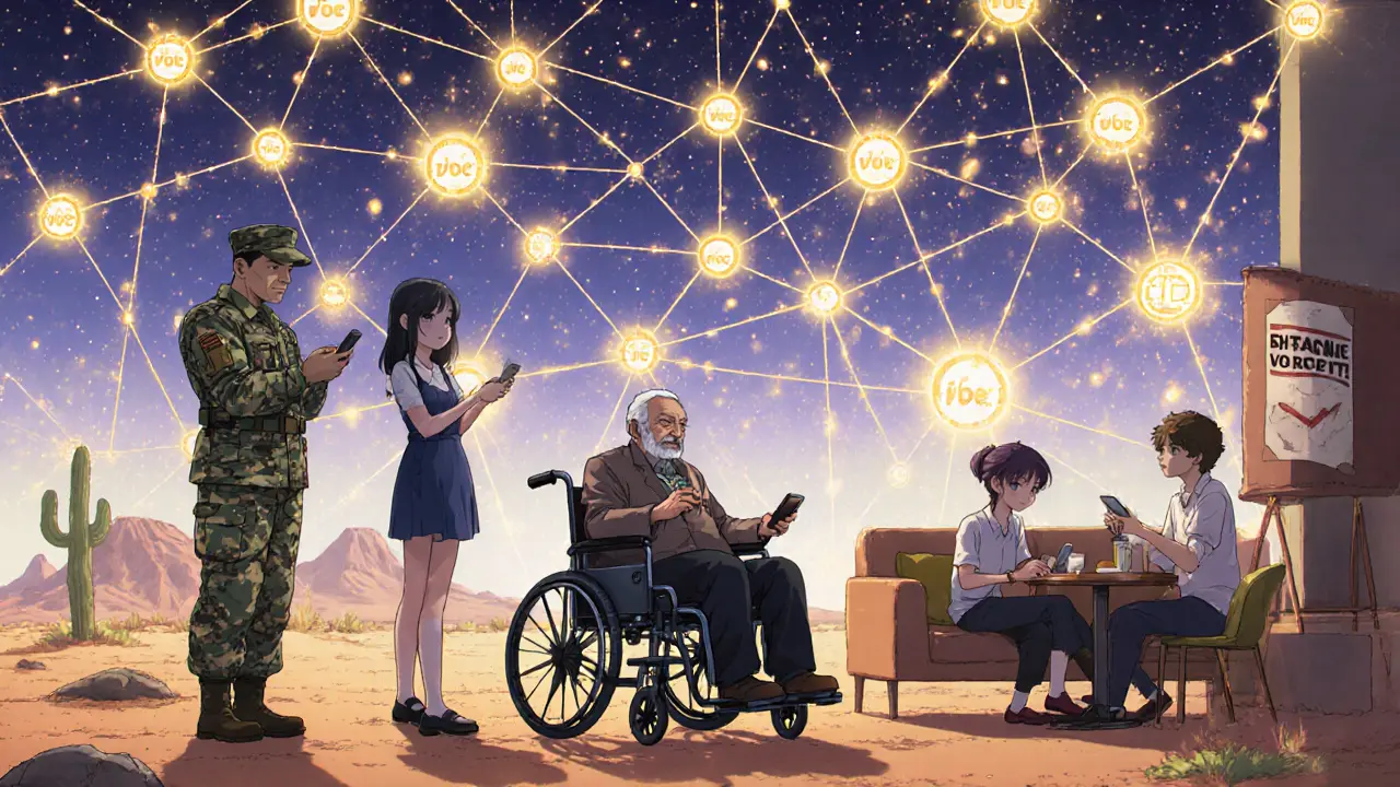 Diverse voters casting ballots remotely as a transparent blockchain tally lights up behind them.