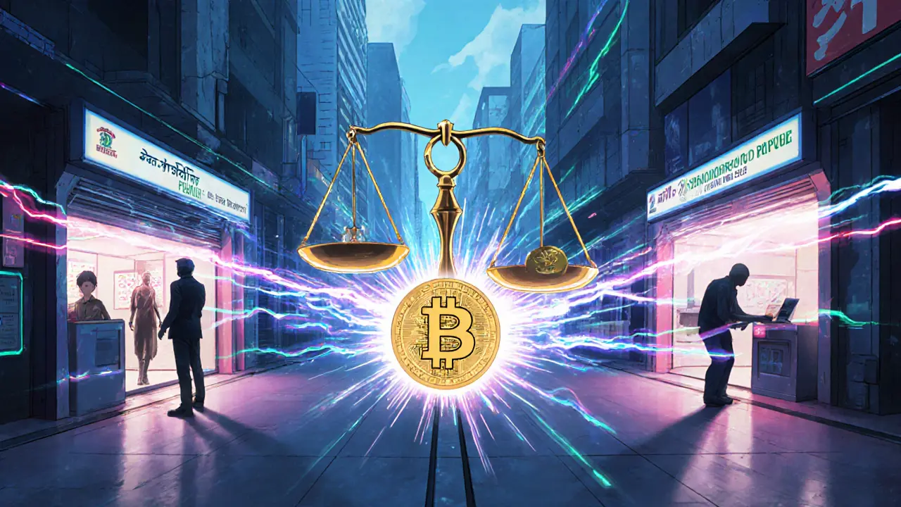 Futuristic Lahore financial hub with licensed crypto and Digital Rupee pathways, opposing shadowy unlicensed operators.