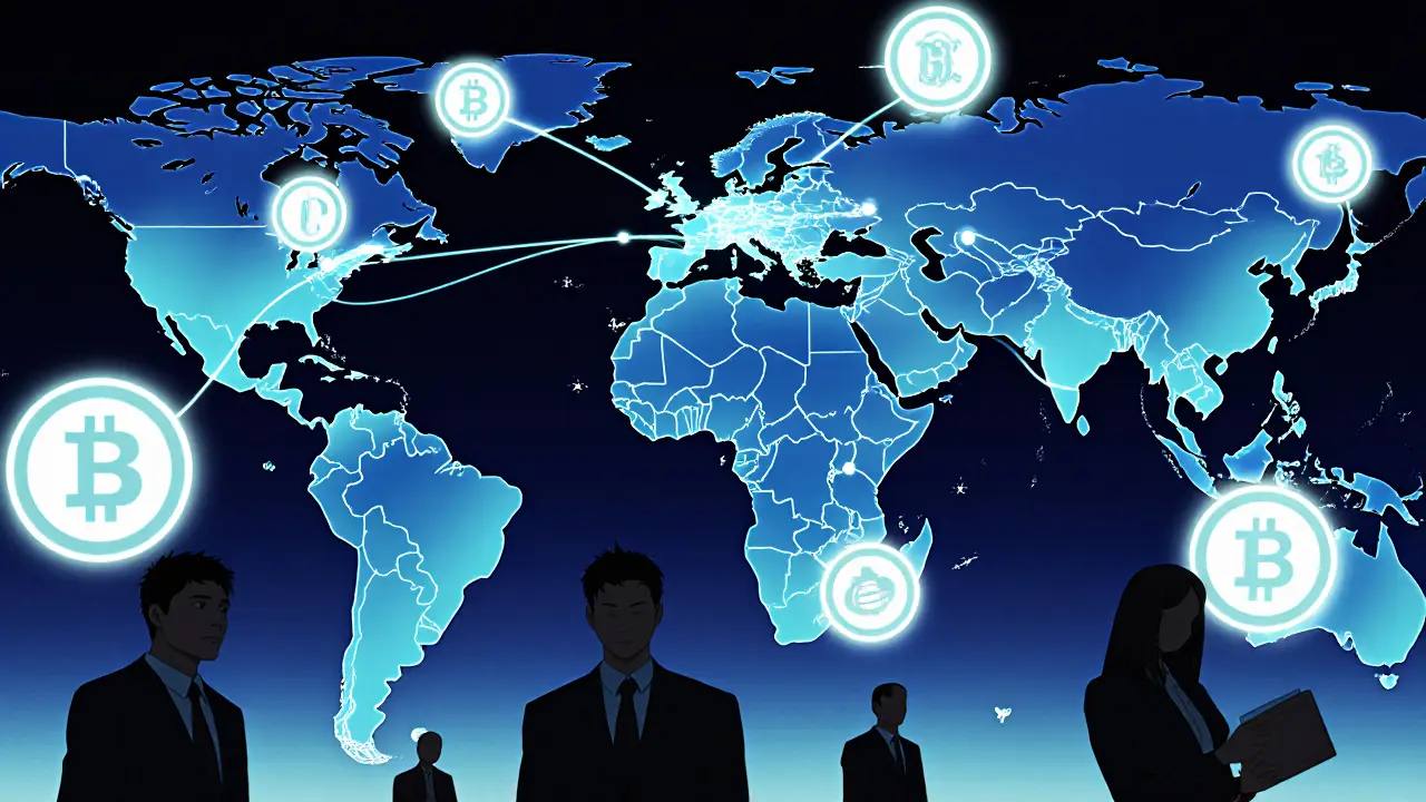 Global network of glowing stablecoin transfers connecting cities, traditional banks fading away.