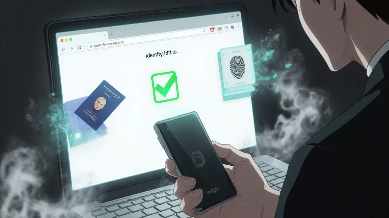 Hand connecting a hardware wallet to a secure identity portal with verified proofs.
