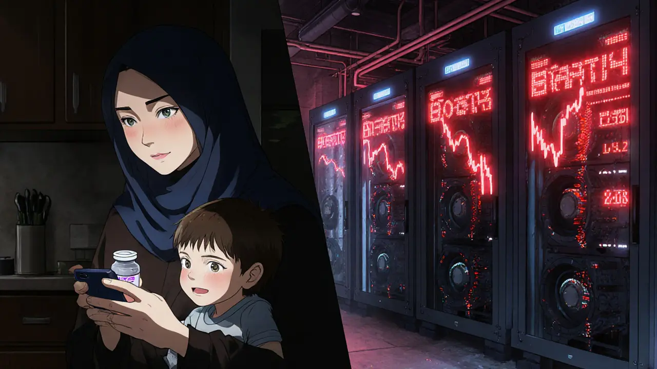 Mother in dark kitchen with insulin vs. IRGC mining rig glowing with rising Bitcoin prices.