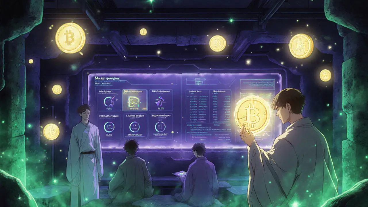 Mysterious analysts studying glowing crypto tokens in an underground Ju.com research lab with bioluminescent lighting.