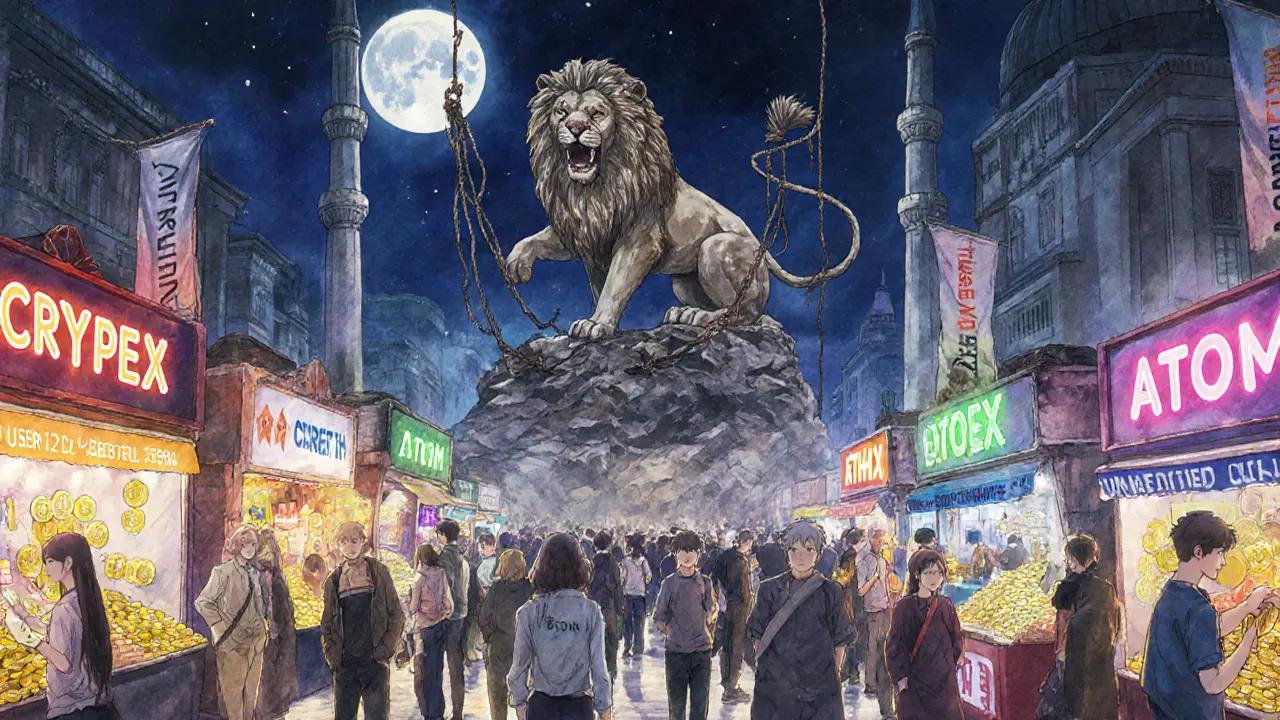 Night market in Istanbul with ICRYPEX stalls, customers empty-handed, a crumbling lion statue symbolizing lost trust.