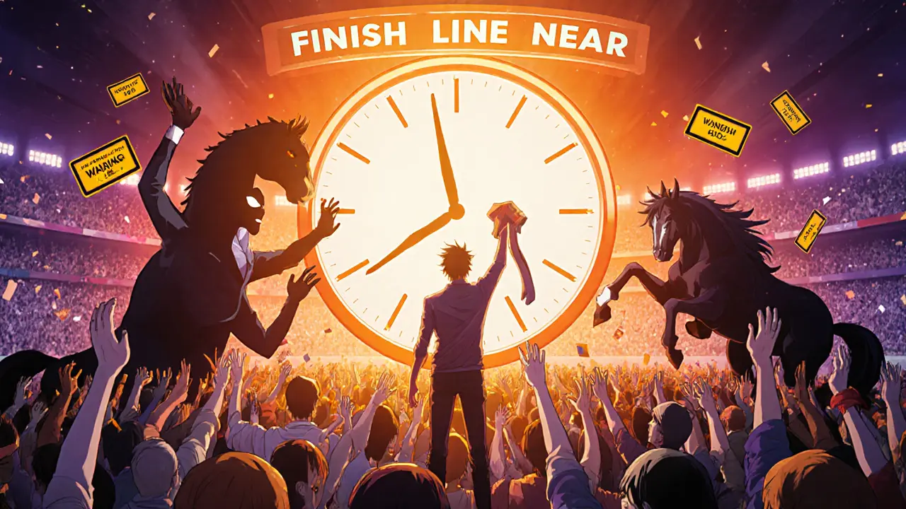 Players cheer as a countdown timer nears zero, while scammers lurk and one hero holds up an NFT horse.