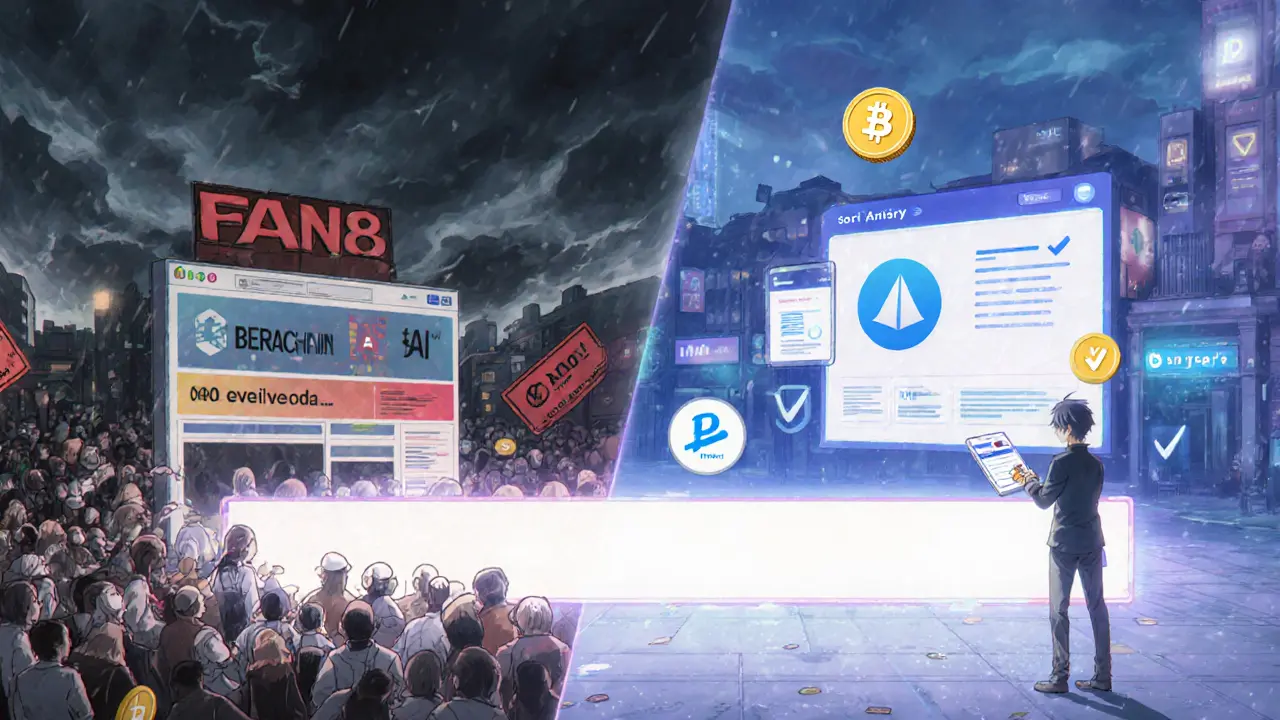 Split scene: chaotic scam websites on one side, verified airdrops in calm light on the other.