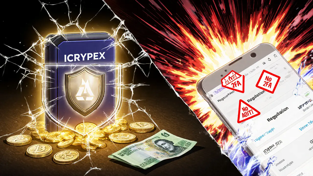 Split scene: secure hardware wallet vs cracking ICRYPEX app with red warnings, burning Turkish Lira in foreground.