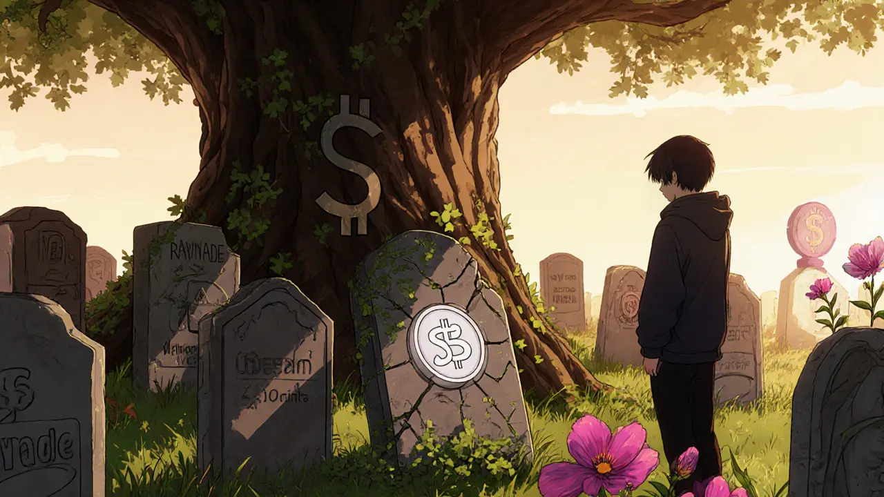 SSU&#039;s gravestone among forgotten tokens under a silent Solana tree, while others thrive.
