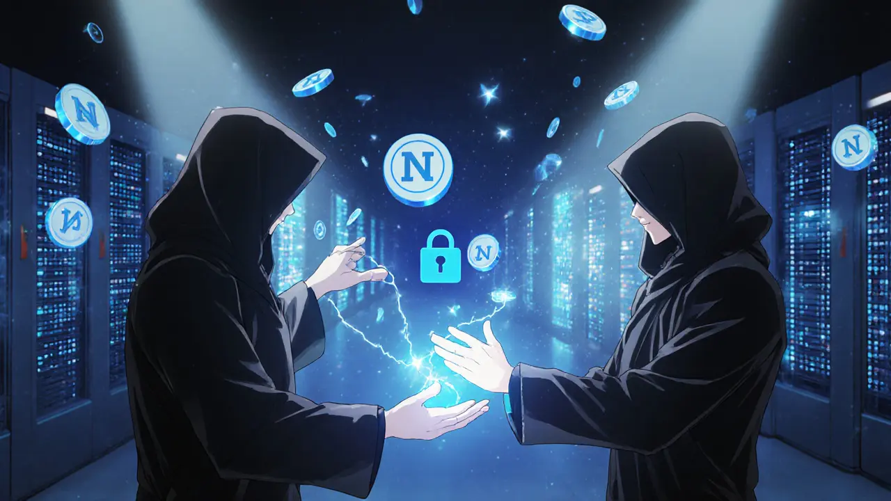 Traders manipulating floating order walls with hand gestures, connected by glowing chains of copied trades.