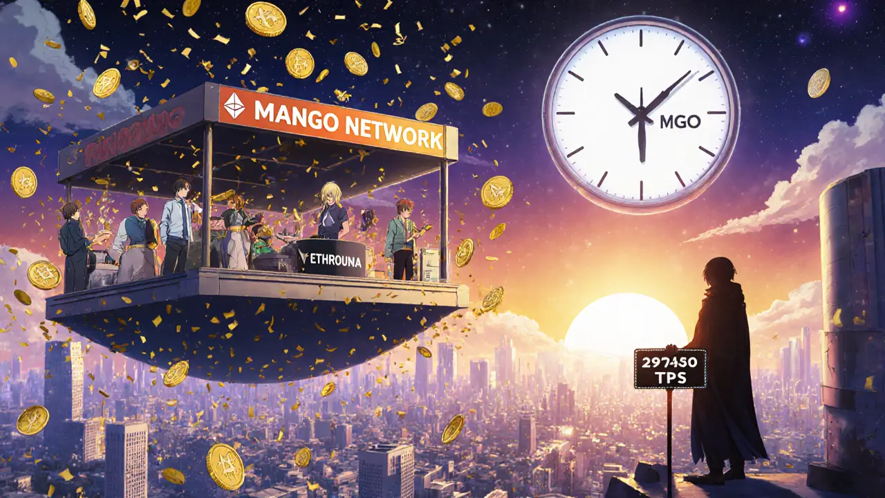 Users from different blockchains trading at a floating mango-themed marketplace.