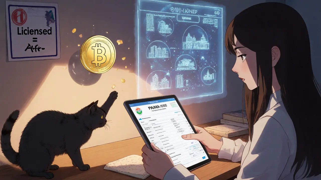 Young woman checking PVARA&#039;s licensed registry on a tablet, with halal blockchain hologram behind her.