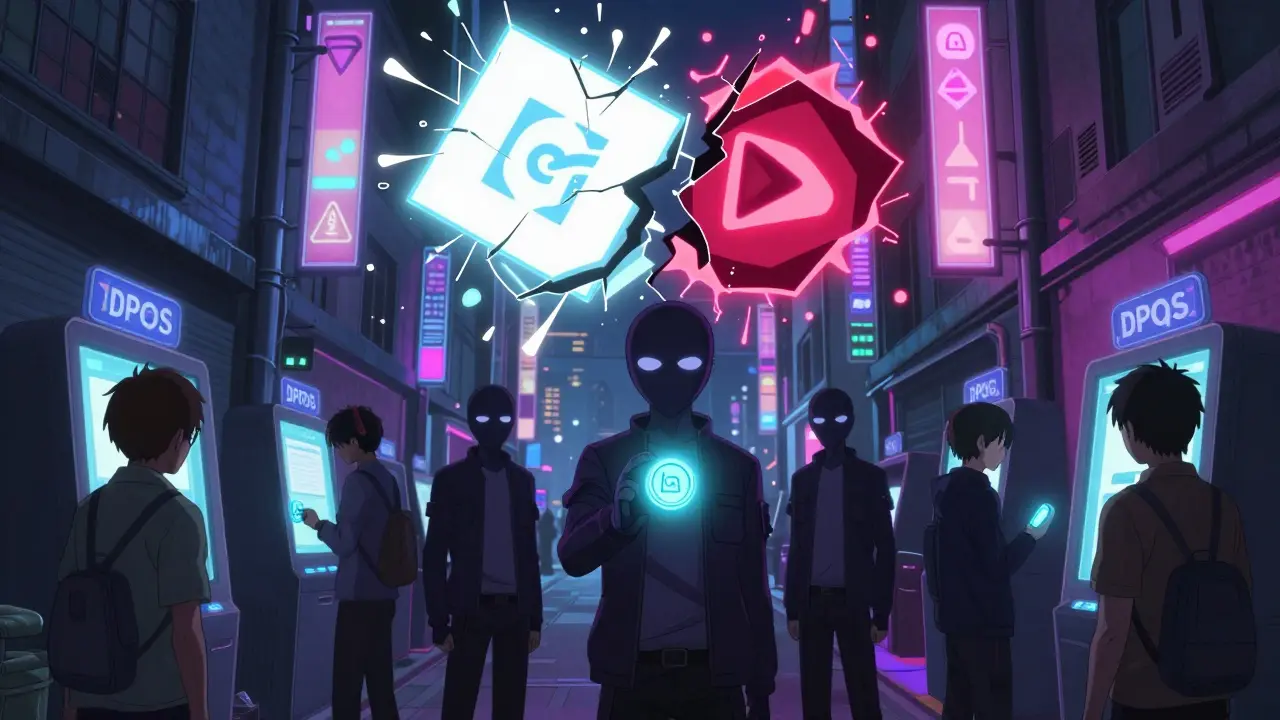 A city with fast payment terminals, while five validators conspire in shadow beneath a fractured blockchain.