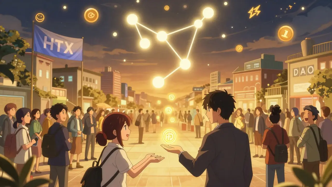 A community voting under a DAO banner as staking rewards rain down in anime style.