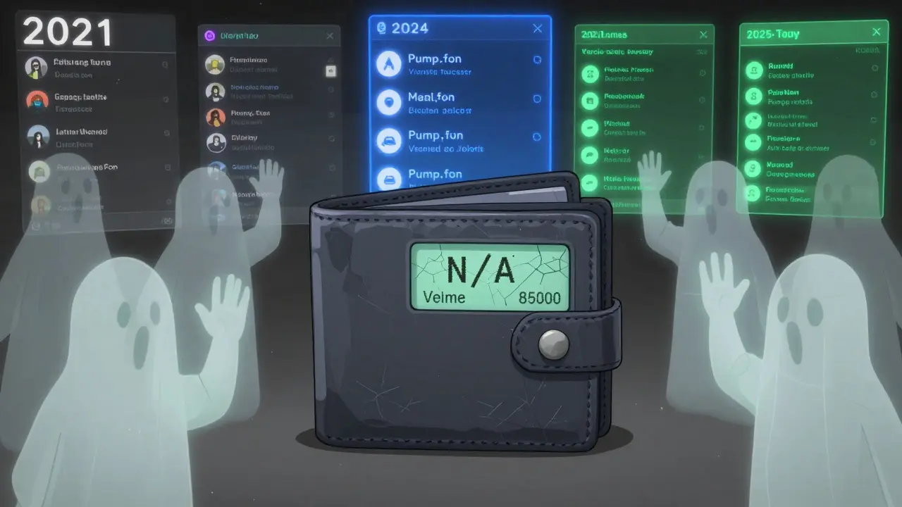 A cracked wallet showing 'N/A' surrounded by ghostly traders, contrasted with vibrant modern crypto projects.