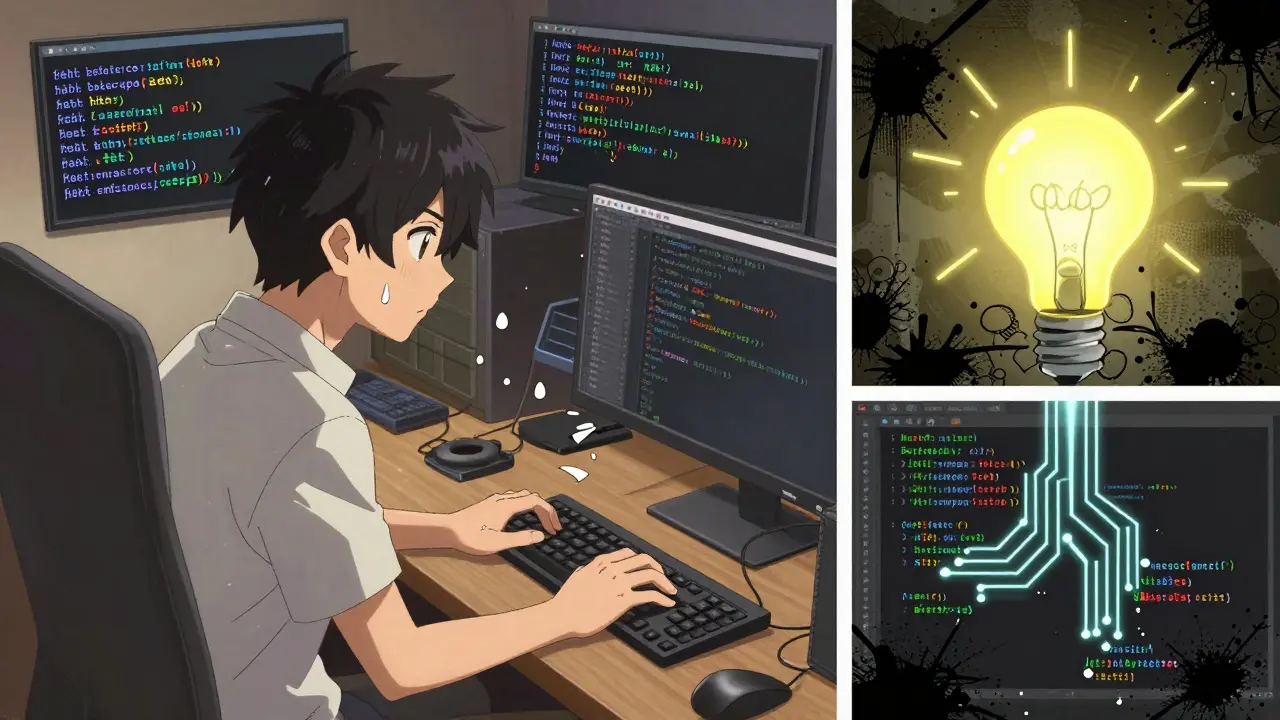 A developer solving a Merkle proof bug with floating hash errors and a lightbulb moment above their head.