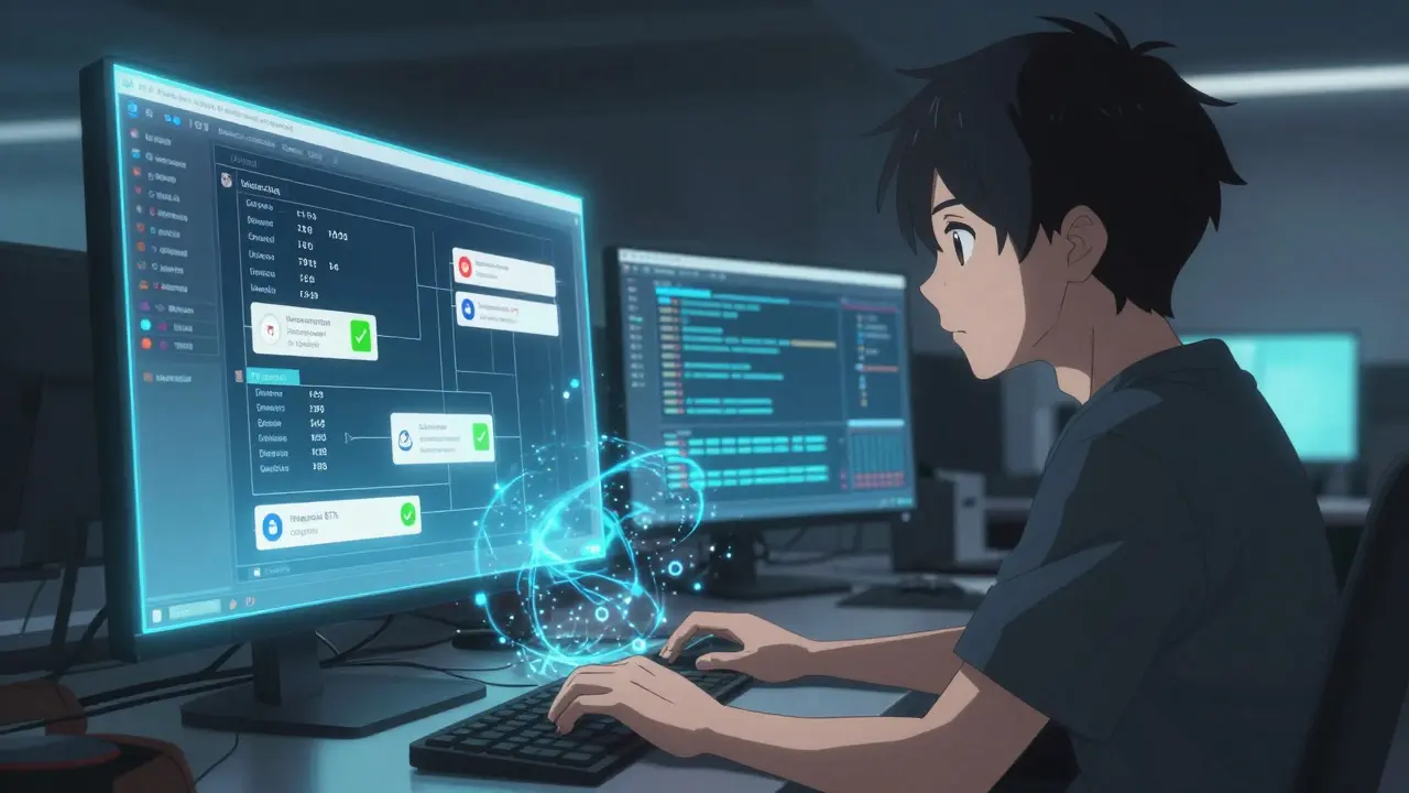 A focused developer debugging a workflow with floating data panels and digital particles swirling around their hands.