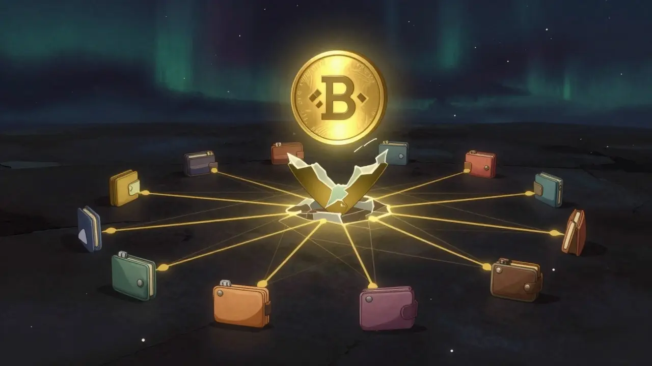 A glowing PERP token above a broken exchange logo, connected by golden threads to a network of wallets in a starry on-chain cosmos.